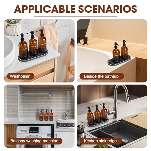 Amber Glass Shampoo and Conditioner Dispenser Set – 16.9oz Refillable Bottles with Stainless Steel Pump, Non-Slip Mat & Waterproof Labels –Shampoo Conditioner Body Wash Dispenser for shower - color: Amber