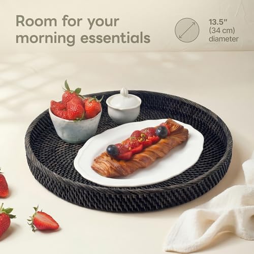 Round Rattan Tray 13.5" — Hand-Woven Wicker Tray for Home Decor (Blackwash) - color: Blackwash, size: 13.5"