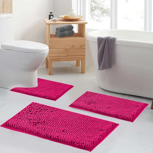 Hot Pink 2 Piece Bathroom Set Bathroom Rugs Bath Mat Set Bath Rugs | Bath Mats for Bathroom Non Slip Thick Soft Chenille Bath Rug Set, Door Mat for Kitchen/Living Room -20" x 32"/16" x 24"- - color: Rose Red, size: 32"L x 20"W + 24"L x 16"W
