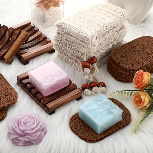 Baderke 36 Pcs Soap Saver Set for Packaging Gift Including Wooden Dish Holder Exfoliating Bag with Drawstring Soap Pads for Mother's Day Bar Wedding Baby Shower Homemade Gift(Brown Color) - color: Brown Color