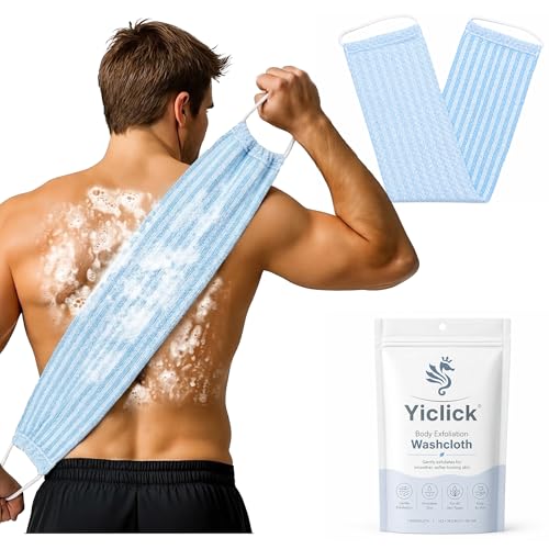 Yiclick Dual-Textured Exfoliating Washcloth Towel - Back Scrubber for Use in Shower Bath, Exfoliating Body Scrubber Exfoliator, Japanese Exfoliate Loofah Lufa Sponge Wash Cloth for Women Men - color: Sky