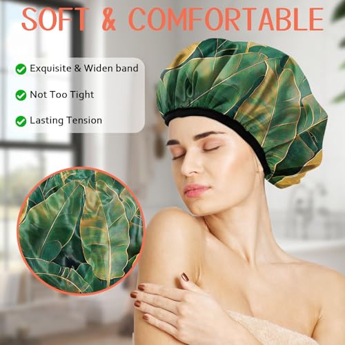 Luxury Shower Cap Terry Lined Reusable Triple Layer Waterproof Hair Elastic Caps Shower Bath Hat for Women Girls Cute Aesthetic-Leaf - color: AL17-Leaf