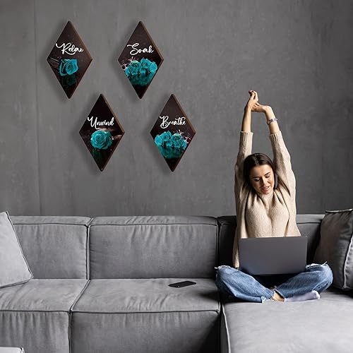 ONIZHITY Set of 4 Rose Wooden Wall Decor - Turquoise & Teal Bathroom & Office Signs (12 x 7) - Breathe, Soak, Unwind, Relax - color: Teal Rose