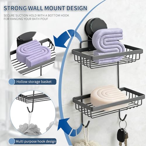 Shampoo Bar Holder Compatible with Kitsch, 2-Tier Self-Draining Shower Caddy with Suction Cup, Hanging Shampoo Bar and Conditioner Organizer with 2 Hooks, Rust-Free Bathroom Wall Accessories