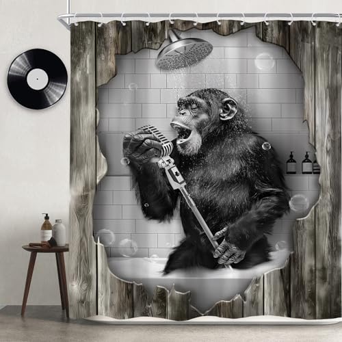 Newsely Funny Monkey Shower Curtain 72Wx72L Inch Black White Animal Chimpanzee Singing in Bathtub Modern Cool Wooden Bathroom Set Men Kids Boy Waterproof Bath Decoration Accessories Home Decor - color: H-monkey, size: 72"W x 72"L (Pack of 1)