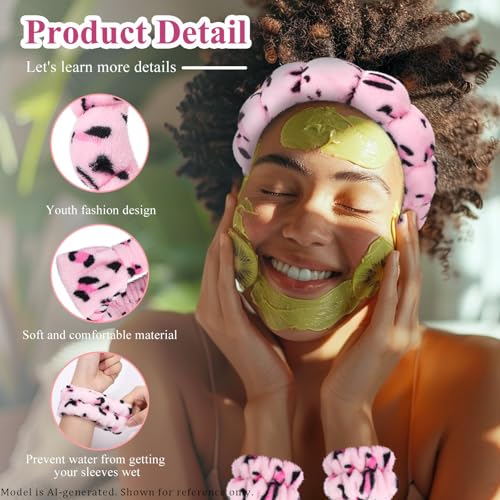 Face Washing Headband and Wristband Set, Leopard | Soft absorbent fabric, snug head-hugging fit for face washing, skincare, makeup, masks, travel, women and teen girls - color: Pink leopard print
