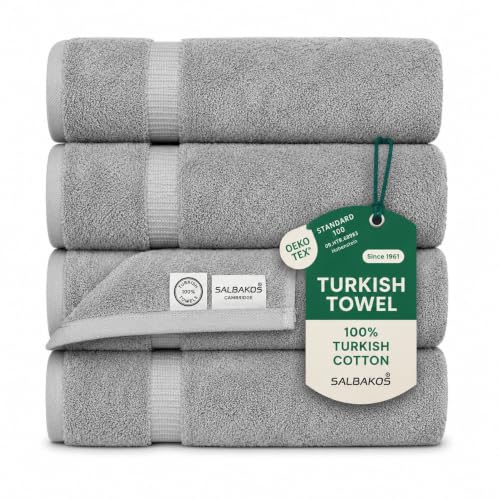 SALBAKOS 100% Turkish Cotton Bath Towel Set of 4, 27x54 inch | Premium Quality | Hotel & Spa Collection | Soft, Super Absorbent, Long Lasting Bath Towels | Made in Turkey (Silver, 4 Bath Towels) - color: Silver, size: 4 Bath Towels