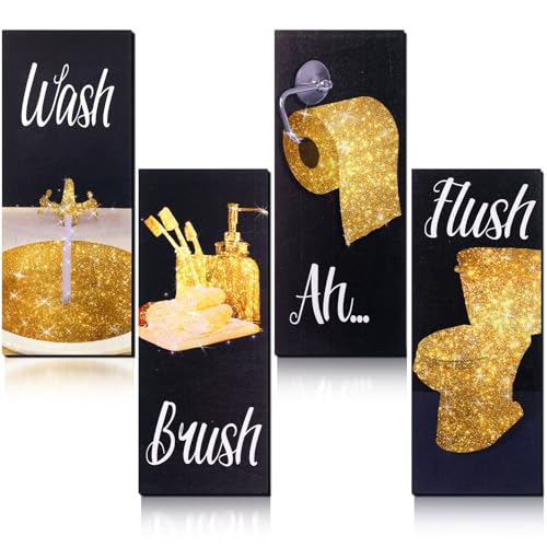 Chinco 4 Pcs Women Funny Wall Art Bathroom Decor 9.84 x 3.94 x 0.2 Inch Glam Bathroom Wall Decor Modern Women Funny Bath Wood Hanging Decoration for Home (Gold) - color: Gold