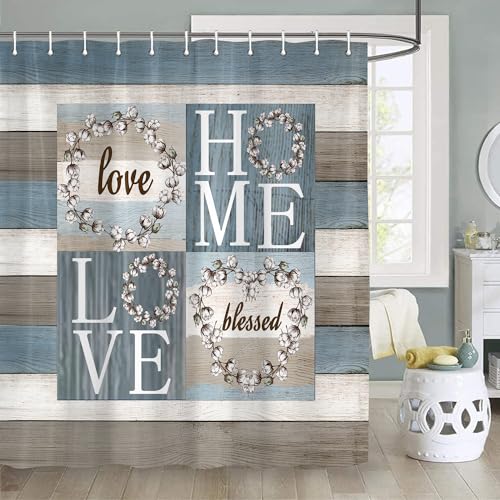 4PCS Rustic Floral Flower Sweet Love Home Fabric Shower Curtain Set, with Non-Slip Rugs, Toilet Lid Cover and Bath Mat Farmhouse Country Vintage Wood Plank Cotton Bathroom Decor Waterproof 72x72 - color: Home