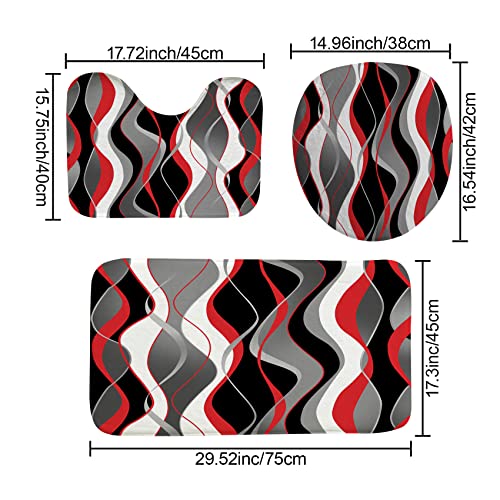 4Pcs Red Shower Curtain Sets with Non-Slip Rugs, Toilet Lid Cover and Bath Mat, Black and Gray Bathroom Decor Set Accessories Fabric Waterproof Shower Curtains with 12 Hooks, 72 x 72 Inch - color: Red