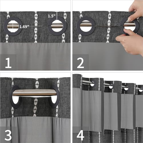 eachope Boho Farmhouse No Hook Shower Curtain Set with Snap-in Fabric Liner,Heavy-Duty Linen Textured Rustic Striped Design,Water-Repellent with Tassels and Sheer Window,Charcoal Grey,71x74 - color: Charcoal Grey, size: 71"W x 74"L (Pack of 1)