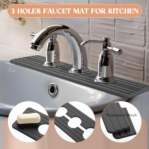 Teenyyou 3 Hole Gray Faucet Mat for Kitchen Sink Bathroom 15.94" x 4.92" Kitchen Faucet Absorbent Mat Diatomite Splash Guard Quick Drying Stone Drip Catcher Hole 2.36" Holes Spaced About 1.65" - color: Gray, style: 3 Hole