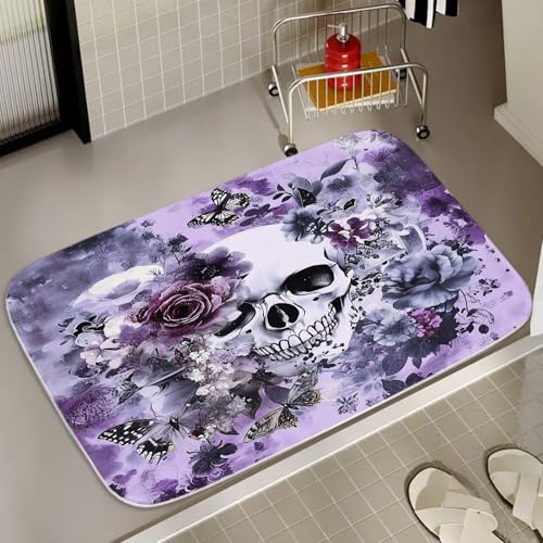 Funny Sugar Skull Purple Floral Coral Velvet Bath Rugs Non Slip Shower Mat for Bathroom Decor Sets Door Rug with Rubber Backing Absorbent Kitchen Floor Carpet 20 x 31 inches Coral and Black - color: Multi Color 12, size: 2'7" x 1'8" (Rectangular)