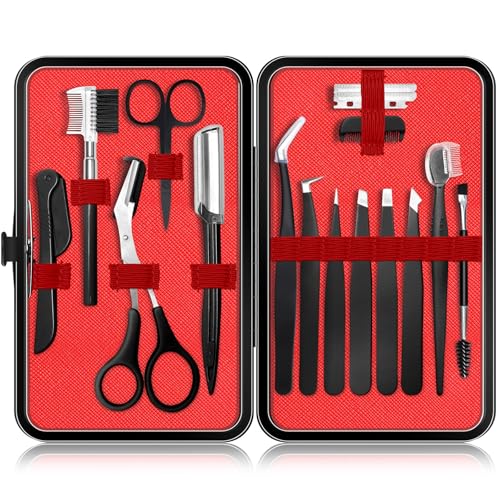 Eyebrow Kit for Men, 17 in 1 Tweezers for Women Facial Hair, Hair Scissors with comb, Eyebrow Trimmer, Brow Brushes, Hair Tools Travel Bag, Professional Grooming Tweezer for Men - color: Black