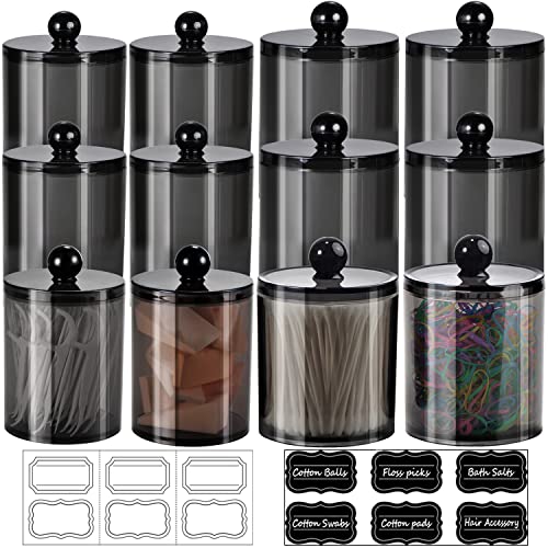 SheeChung 12 Pack Qtip Holder,Cotton Ball Holder with Lids & Labels - (6) 10oz & (6) 12oz,Plastic Bathroom Canistersfor Cotton Swabs, Balls, Pads, Floss Picks, Home Bathroom Storage Organizer ( Black) - size: 12pack