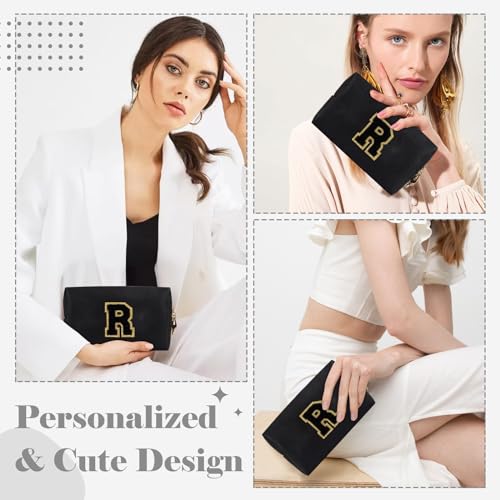 Personalized Initial A-Z Preppy Patch Makeup Bag,Small PU Chenille Letter Cosmetic Bag with Zipper for Teen Girls,Black Cute Toiletry Organizer Bag,Monogram Makeup Case Gift for Women Girls,Letter R - color: Black,Black-Letter, size: R