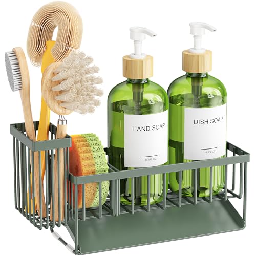 Cisily Sage Green Kitchen Dish Soap Dispenser, 16 fl Oz Dual Kitchen Soap Dispensers with Sponge Holder, Customized Stainless Steel Kitchen Soap Dispenser Set, Modern Hand and Dish Soap Bottle Set - color: Sage Green Sponge Holder + Green Bottle