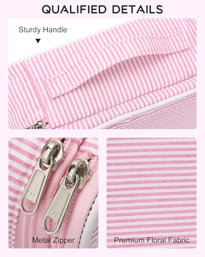 Relavel Cute Makeup Bag for Girls, Portable Pink Cosmetic Bag, Dual-layer Makeup Pouch with Brush Holder, Multi-Functional Preppy Toiletry Organizer for Travel, Daily Use - Pink Strip - color: 01-Pink Strip, size: MEDIUM