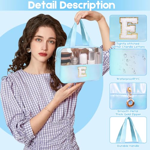 Personalized Initial Clear Makeup Bag Blue Cosmetic Bag Set Large Travel Toiletry Bag, Cute Clear Make Up Bags Organizer Bag for Girlfriend Teacher Gifts Teen Girl Gifts Trendy Stuff J (Blue) - color: Blue, style: J