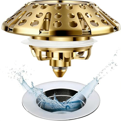 AzWzz Bathtub Drain Stopper, Pop Up Tub Stopper Plug with Bathtub Drain Hair Catcher Cover, Universal for 1.45 in to 1.8 in Tub Drain, Brushed Gold - color: Brushed Gold, style: Tub Drain Stopper with Hair Catcher