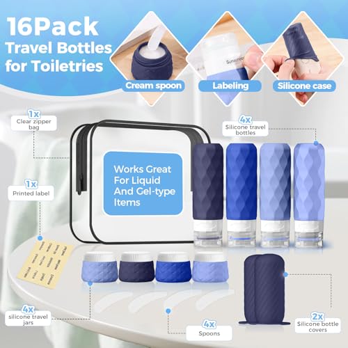 16Pack Travel Bottles for Toiletries, TSA Approved Travel Size Toiletries Containers Set, Silicone Leak Proof Refillable Bottles Elastic Sleeves Creams Jars Accessories Kit W/Clear Bag (Blue) - color: Blue