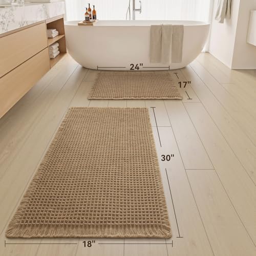 Upgraded Waffle Bath Mat Set of 2, Super Absorbent Non Slip Bath Mats for Bathroom Floor, Machine Washable Boho Bathroom Rugs Set 2 Piece with Tassels, Soft Bathroom Mat Set, 17" x 24" +18" x 30" - color: Brown, size: 17" x 24" + 18" x 30"