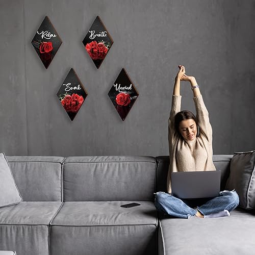 ONIZHITY Set of 4 Red Bathroom Decor Rose Wooden Wall Decor Flower Rustic Romantic Floral Farmhouse Wall Decor Modern Breathe Soak Unwind Relax Signs Red Decor for Room Kitchen Bathroom (12 x 7) - color: Red Rose