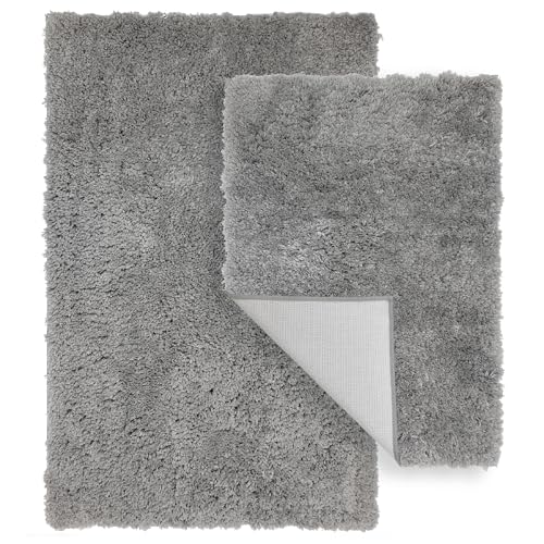 Bathroom Rugs Set 2-Piece – Extra Soft Rug, Bath & Shower Mat, Washable Rug, Floor Mats, Bath Decor, Accessories, Home Decor, Quick Dry, Non Slip Mat for Bathroom, 20"x32"+17"x24" Light Grey