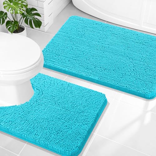 OLANLY Bathroom Rugs Sets 2 Piece, Soft Absorbent Chenille Bath Mats and U-Shaped Contour Toilet Mat Area Rug Set, Machine Washable Bath Carpet, Home Decor Accessories(30"x20"+24"x20", Aqua Sky) - color: Aqua Sky, size: 30" X 20" + U24" X 20"