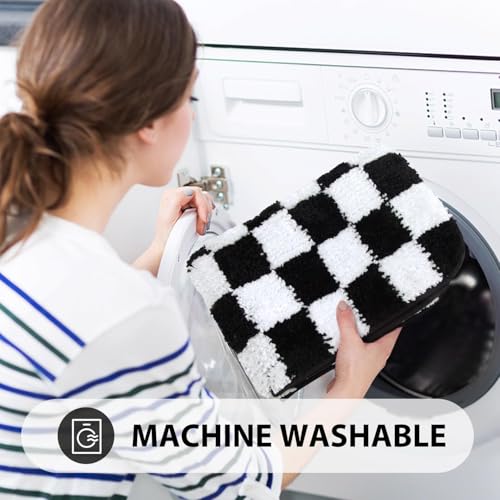 Uphome Bathroom Rugs Set 3 Piece, Black and White Checkered Bath Mat Set Non Slip Machine Washable, Soft Plush Microfiber Bathroom Mat with U Shaped Toilet for Tub, Shower - size: 18x25+20x31+U Shape 20x24 inch