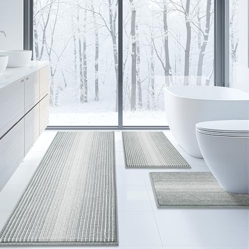 BSICPRO Bathroom Rugs Sets 3 Piece, Toilet Rugs U-Shaped Contour Bath Mat Set, Long Striped Absorbent Non Slip Chenille Shower Mat, Light Gray - color: Light Gray, size: 20"x47"+16"x24"+ U Shape 20"x24"