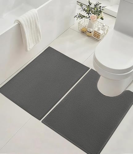 YIHOUSE Bathroom Rug Sets 2 Piece, Ultra Thin Quick Dry Bath Mat, Absorbent Bath Mat for Bathroom Non Slip Machine Washable Bath Rug (Dark Grey) - color: Dark Grey, size: 2 Pieces (U-Shape)