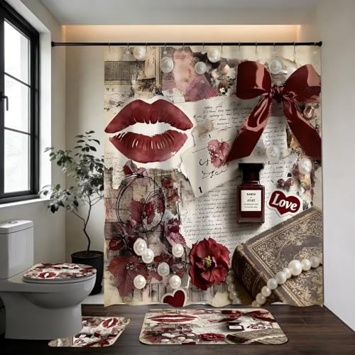 DDQQ 4Pcs Sexy Lip Shower Curtain Set Women Pearl Bow Bathroom Decor Set, Fashion Red Flower Perfume Bathroom Curtains Shower Set with Rugs, Girly Shower Curtain with 12 Hooks - color: Burgundy