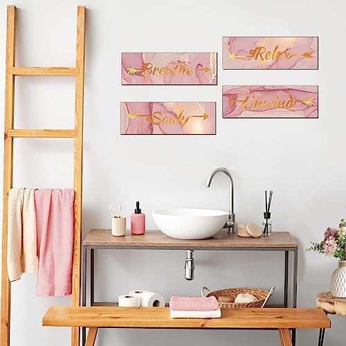Lnond 4 Pieces Pink Gold Marble Bathroom Wall Decor, Relax Soak Unwind Breathe Signs Decor, Wood Hanging Wall Art for Bathroom Spa Room (12 x 4 Inch