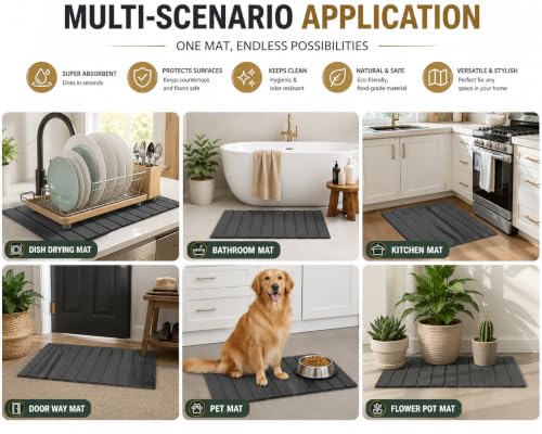 Stone Dish Drying Mat for Kitchen with Sink Splash Guard Counter, Foldable Quick Dry Dish Drying Mats, Absorbent Diatomaceous Earth Stone Drying Mats for Plate Rack Bottles Cups (Gray, 18"L×12"W)