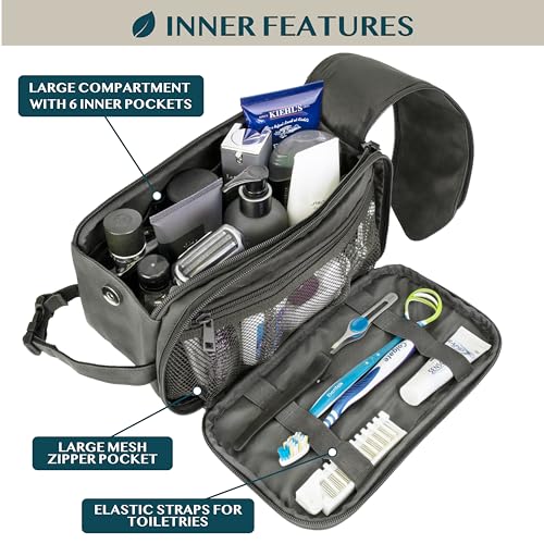 PAVILIA Toiletry Bag for Men, Travel Essentials Shaving Dopp Kit, Mens Travel Bag Toiletries Organizer Case for Grooming, PU Leather Water Resistant Cosmetic Bag Pouch (Dark Grey) - color: Gray, size: Large (10.5x5.5x6)