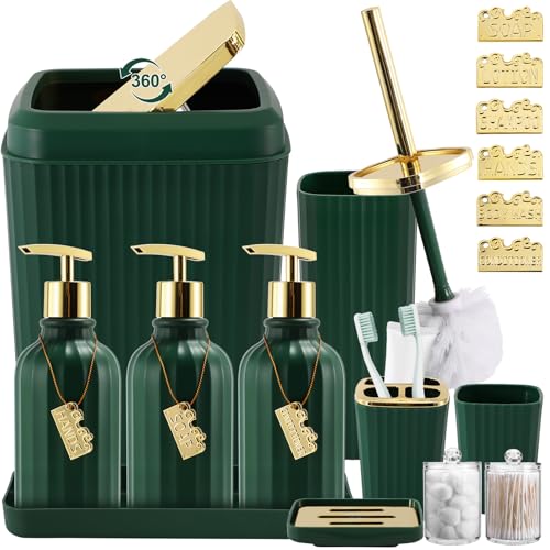 17PCS Bathroom Accessory Set Bathroom Set Hunter Green Bathroom Accessories,Toilet Brush, Trash Can, Qtip Holder Dispenser& 3PCS Soap Dispenser - size: Bath Set with Swing-Top Trash Can, style: Dark Green