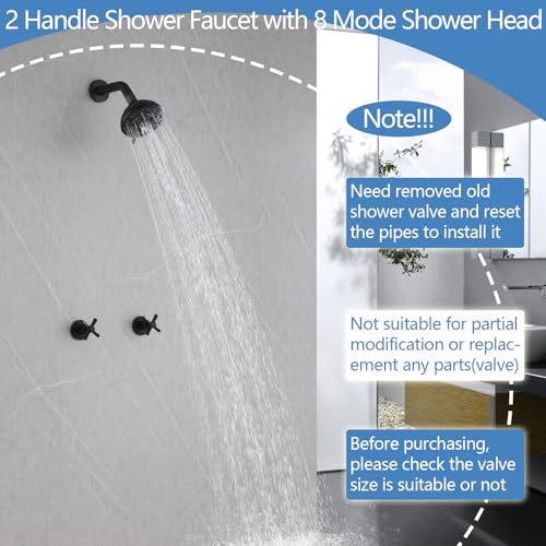 2 Handle Shower Faucet,Wall Mounted Two Handles Shower Faucet Set with 8 Modes Rainfall Shower Head,2 Knobs Single Function Shower Trim Kit with Rough-in Valve,Matte Black - color: Matte Black, style: 2 Handles-Single Function