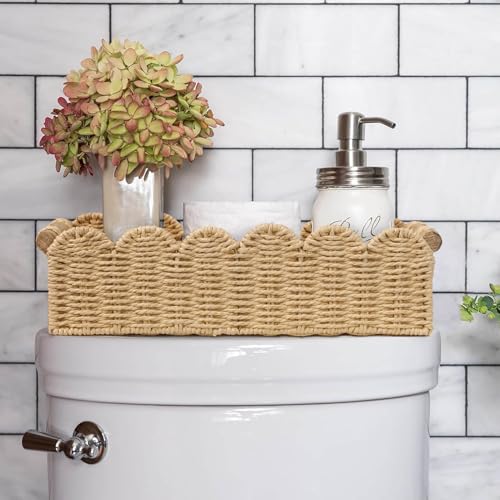 CubesLand Bathroom Basket Organizer, Toilet Tank Paper Storage Baskets 2-Pack, Scalloped Decorative Basket for Countertop w/Handle, Wicker Basket for Bathroom Decor, Home Decor, Living Room, Beige - color: Beige