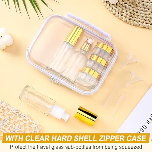 11 Pcs Glass Travel Bottles with Clear Hard Zipper Case Skin Care Containers Travel Size Mini Makeup Containers Tsa Approved with Pump Spray for Liquid Toners Serum Cream(Gold,Style 1) - color: Gold, size: Style 1