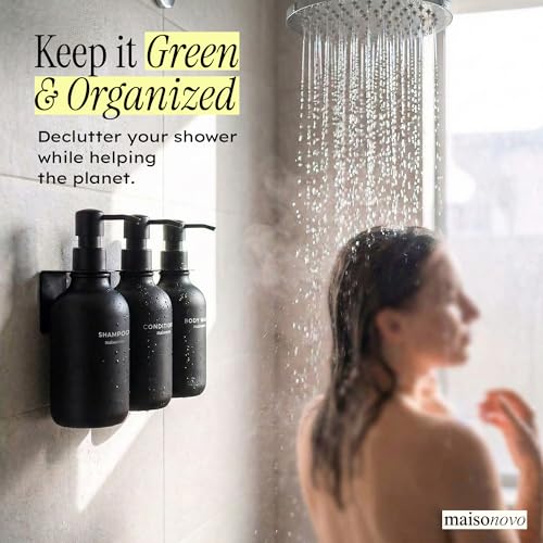 Shampoo and Conditioner Dispenser Wall Mounted Set of 3 Black - No Drill Shower Soap Dispenser for Bathroom Refillable - Spa Hotel Style Accessories by MaisoNovo | 500 ml Shower Gel Dispenser Set of 3. Refillable Shampoo and Conditioner Bottles. Drill Fre