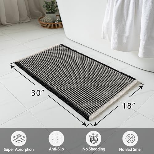 MIULEE Set of 2 Waffle Bathroom Rugs, Boho Bath Rugs Non Slip Washable, Super Absorbent Bath Mats, Ultra Soft Rubber Backed Shower Mats for Bathroom Floor, Tub and Shower, Black & Cream, 18x30 Inch - color: Black & Cream, size: 18''x30''
