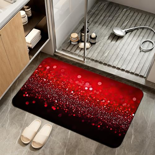 Diatomaceous Earth Bath Mat,Red Black Gradienr Bath Rugs,Glitter Non-Slip Thin Absorbent Fast Drying Easy to Clean for Bathroom Laundry Home Kitchen Door Mat 17x29.5Inch - color: Red Black Gradienr,glitter
