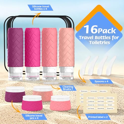 16 Pack Travel Bottles for Toiletries, TSA Approved Travel Size Toiletries Containers Set BPA-Free Silicone Leak Proof Refillable Bottles Stackable Creams Jars Accessories Kit W/Clear Bag Purplish Red - color: Purplish Red