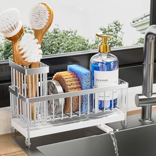 Cisily Sponge Holder for Kitchen Sink, Sink Caddy Organizer with High Brush Holder, Kitchen Countertop Organizers and Storage Essentials, Rustproof 304 Stainless Steel (Silver, 9.25″) - color: Silver - 9.25″