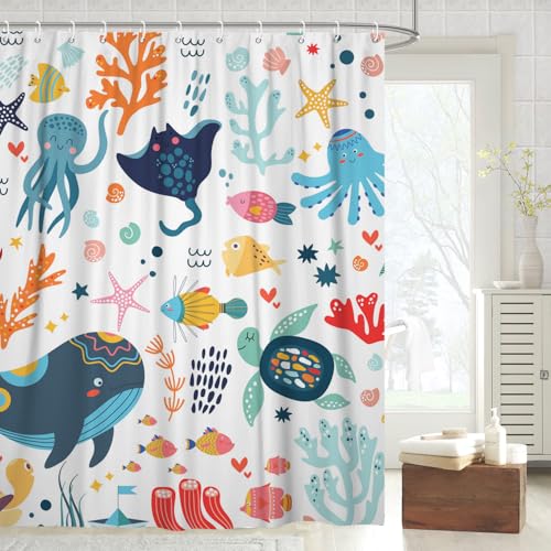 Fabric Shower Curtain with Hooks, Waterproof & Washable Polyester, Kids Funny Cute Ocean Whale Fish Shower Curtains for Bathroom, Summer Neutral Cartoon Animal Bathroom Curtain, 71x74 Inch - color: Cute Ocean Friends