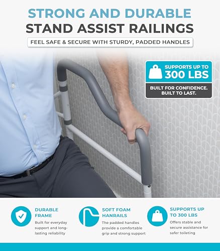 Stander Wonder Toilet Safety Rails for Seniors, Adjustable Detachable Toilet Frame with Padded Handles for Elderly Adults, Foldable Handicap Support Rail with Footrest, Fits Any Toilets