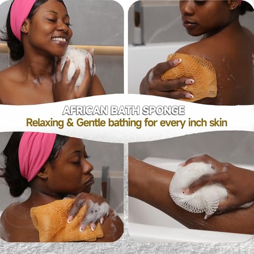 SubSahara Authentic African Net Sponge - 2 Pack Exfoliating Bath & Shower Loofah Sponge for Body & Face, Gentle Scrubber for All Skin Types, Travel, Durable - color: Golden & Milky White