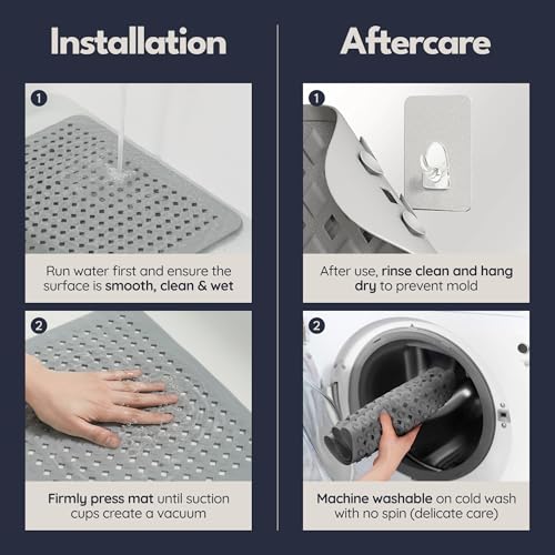 homerella® Shower Mat Non Slip Anti Mold, Non Slip Shower Mats for Inside Shower Stall Anti Slip Mat, Square Shower Floor Mat 21 x 21 in with Suction Cups & Hooks for Quick Drying, Machine Washable - color: Black