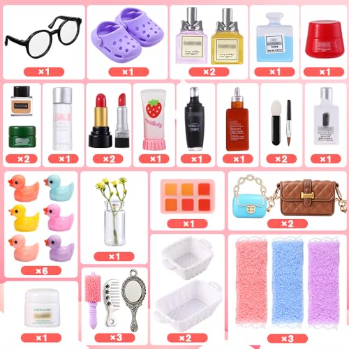 DIYDEC 92Pcs Dollhouse Mini Jewelry Storage Case Cosmetic Hand Bag Miniature Bathroom Accessories with Makeup Set Towel Cosmetic Toothbrush Shampoo Glasses Slippers Earphones Doll Backpack Micro Scene - color: Dollhouse Cosmetic Case
